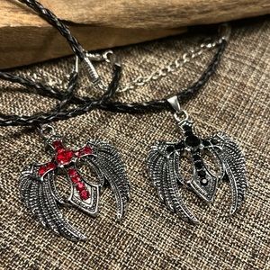411-ATT New Red or Black Stainless Steel Angel Wing Cross Sword Pendant Necklace